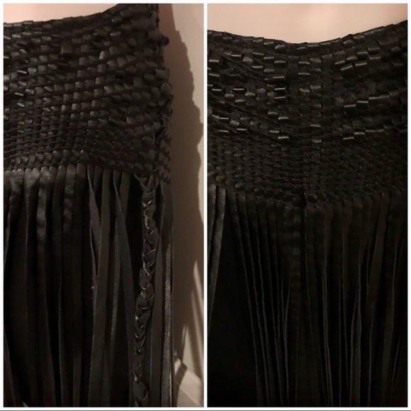Rocker Chic Boho Woven Fringe Vegan Leather Skirt - Picture 2 of 4